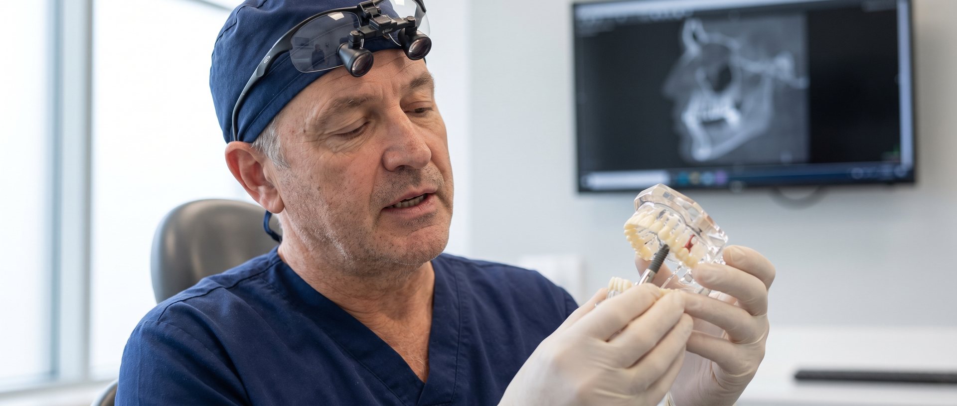 AI-generated illustration of a surgeon holding a clear jaw model with an implant, with a CT scan on the monitor behind him