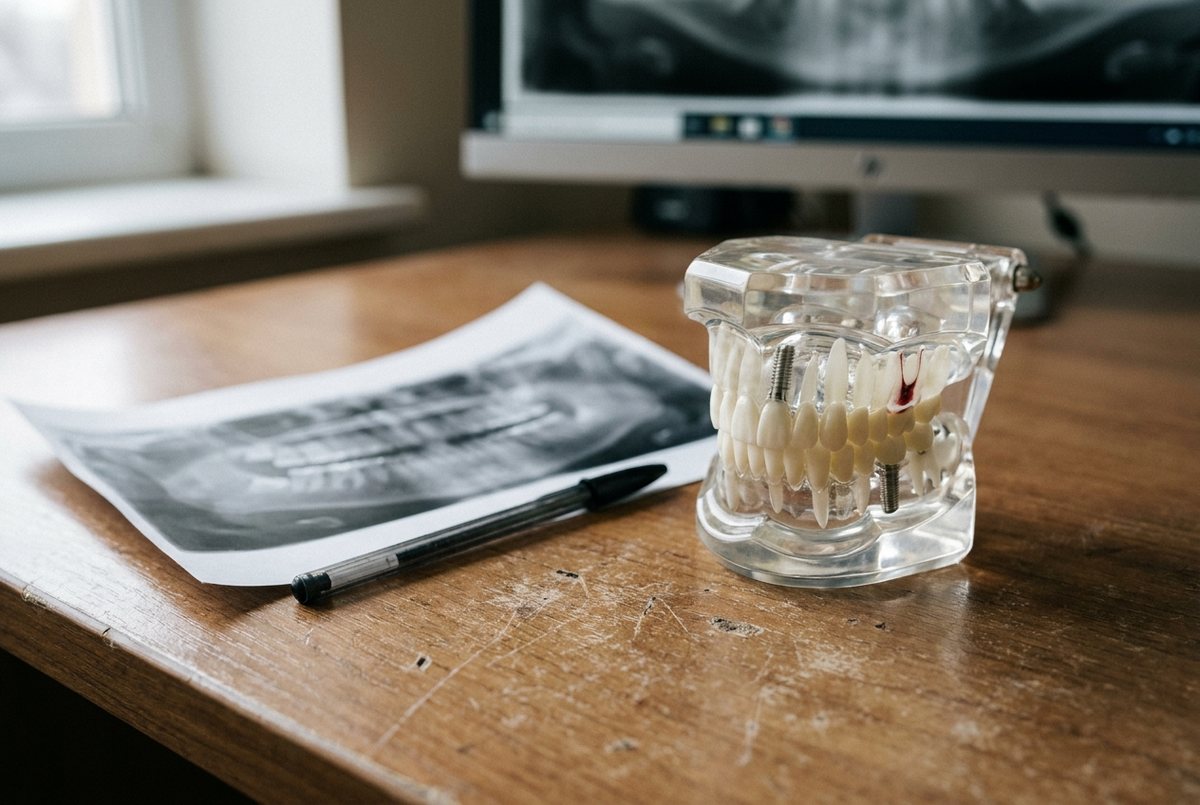AI-generated illustration of a clear jaw teaching model with implants beside a printed dental x-ray on a wooden desk