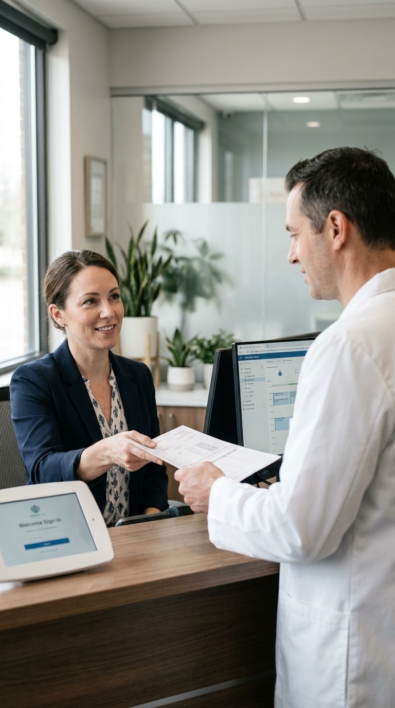 A front-desk coordinator handing a chart to an ANEWU clinician