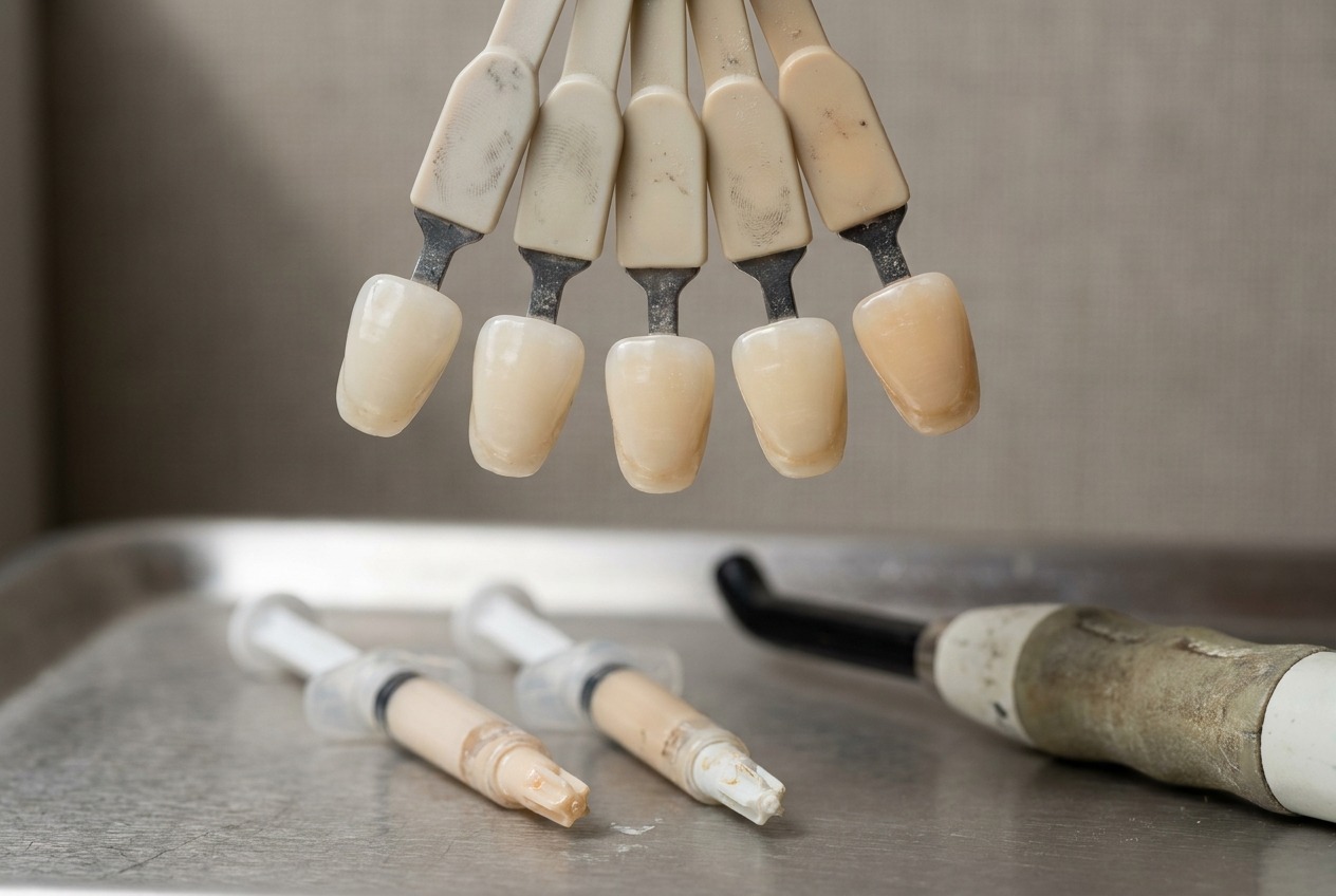 Shade tabs and composite materials used to match bonding to a patient's teeth
