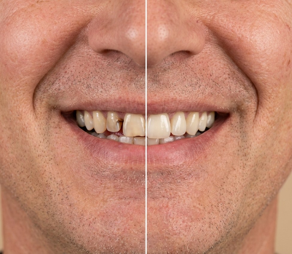 Before and after a tooth restored with a porcelain crown at ANEWU