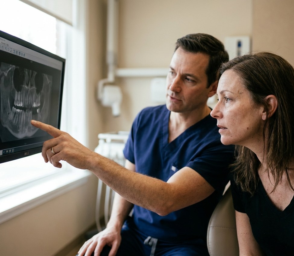 A clinician reviewing a 3D CBCT scan with a patient at ANEWU