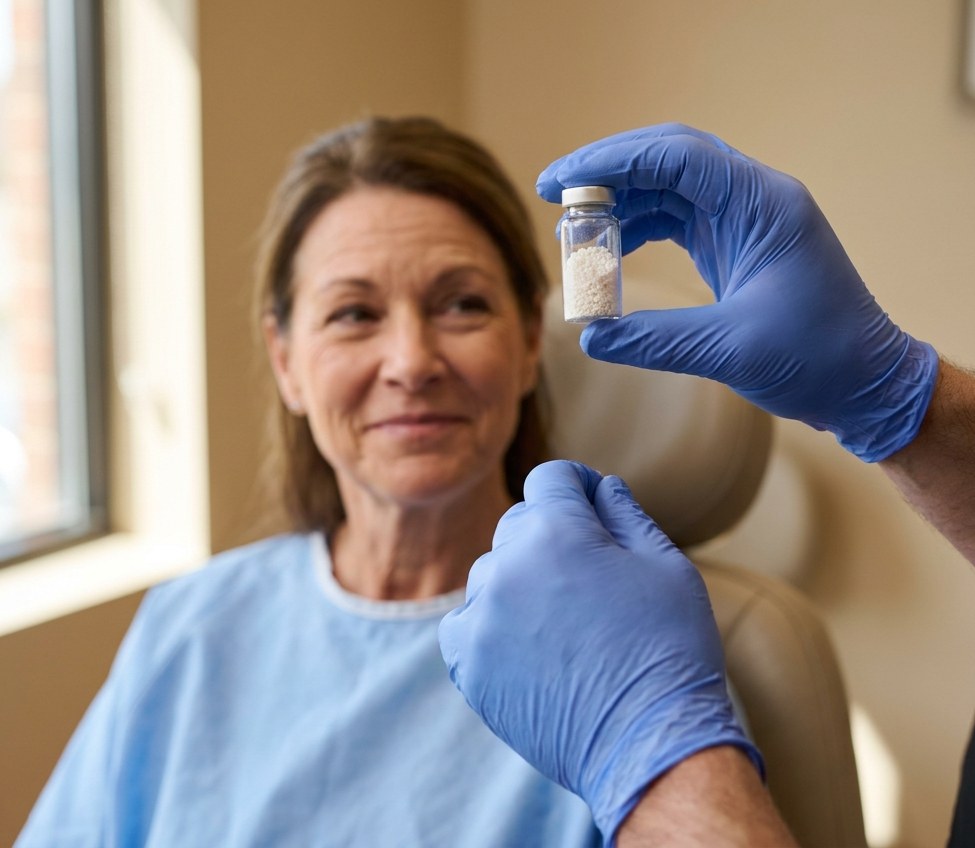 A clinician showing bone graft material to a patient at ANEWU