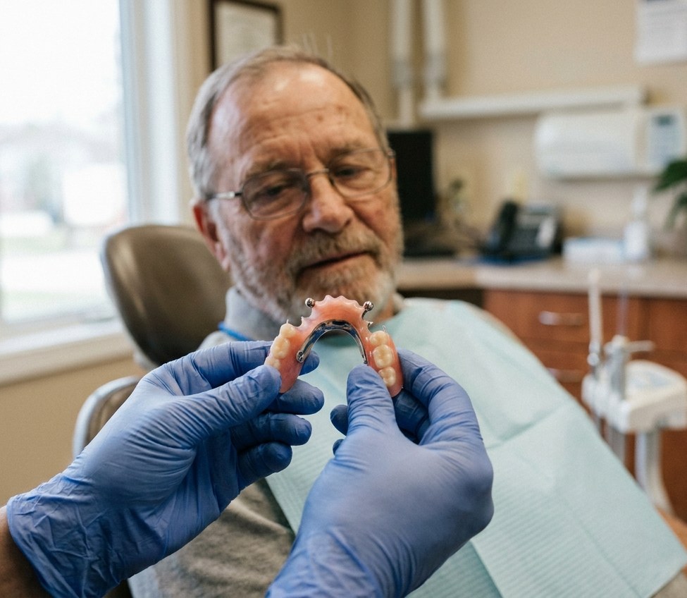 A clinician showing a mini implant-supported denture to a patient at ANEWU