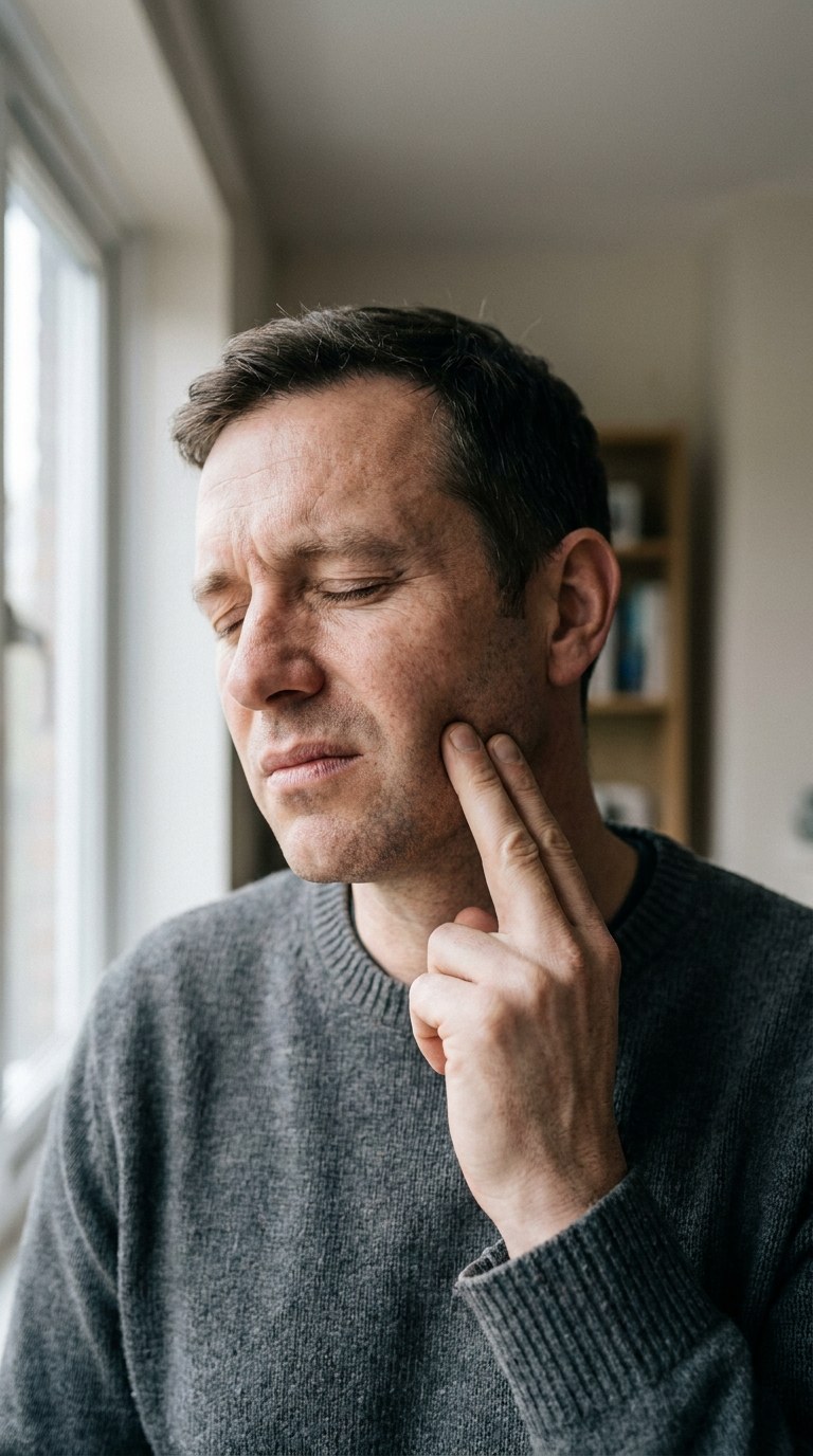 A patient with jaw tension, the concern TMJ/TMD treatment addresses