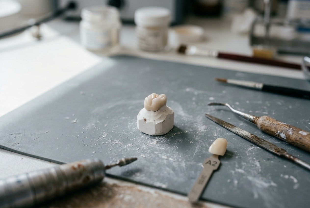 A dental crown on a model in ANEWU's in-house restoration lab